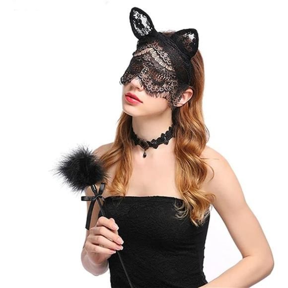 YERTTER Sexy Cat Ear Black Lace Halloween Headband with Veil Mask Headpieces main image 5